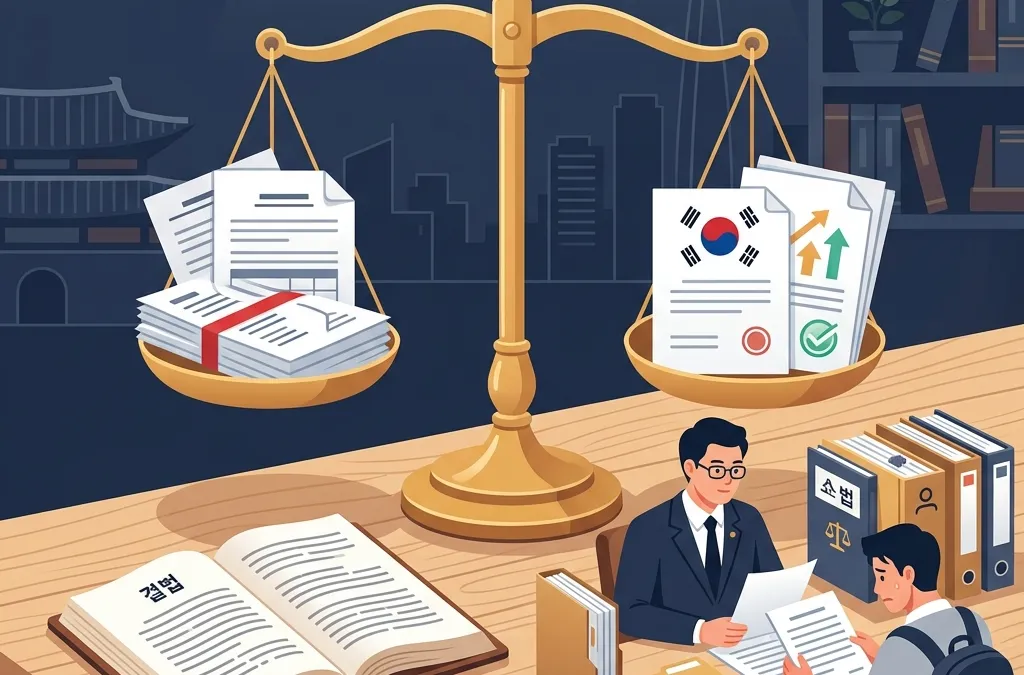 개인파산신청자격 및 절차를 나타내는 법률 저울과 서류 일러스트