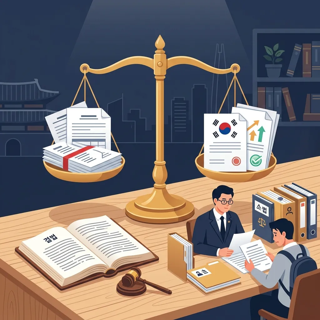 개인파산신청자격 및 절차를 나타내는 법률 저울과 서류 일러스트