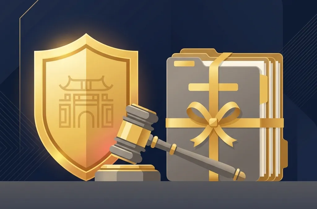 상간 소송 피소 시 법적 방어를 상징하는 방패와 가벨 일러스트