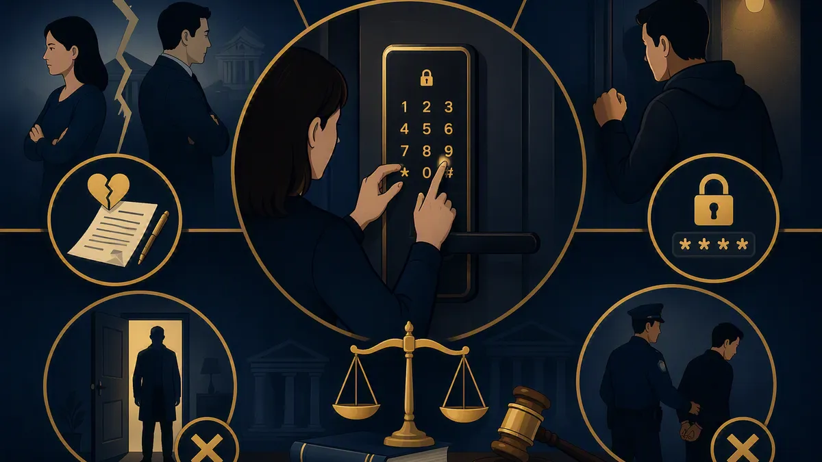 이혼소송 중 배우자가 비밀번호를 바꿔 주거침입죄가 성립하는 상황을 묘사한 법률 일러스트