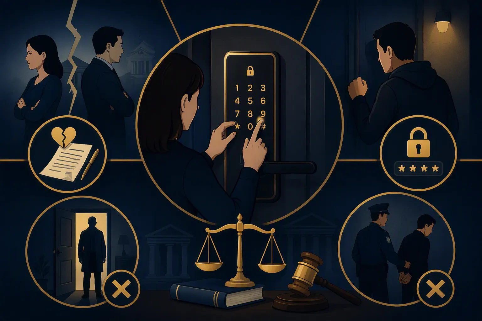 이혼소송 중 배우자가 비밀번호를 바꿔 주거침입죄가 성립하는 상황을 묘사한 법률 일러스트