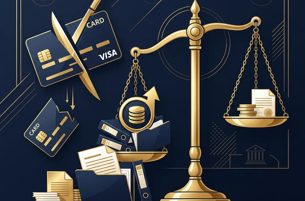 개인회생 중 추가 대출 리스크를 상징하는 신용카드와 저울 일러스트