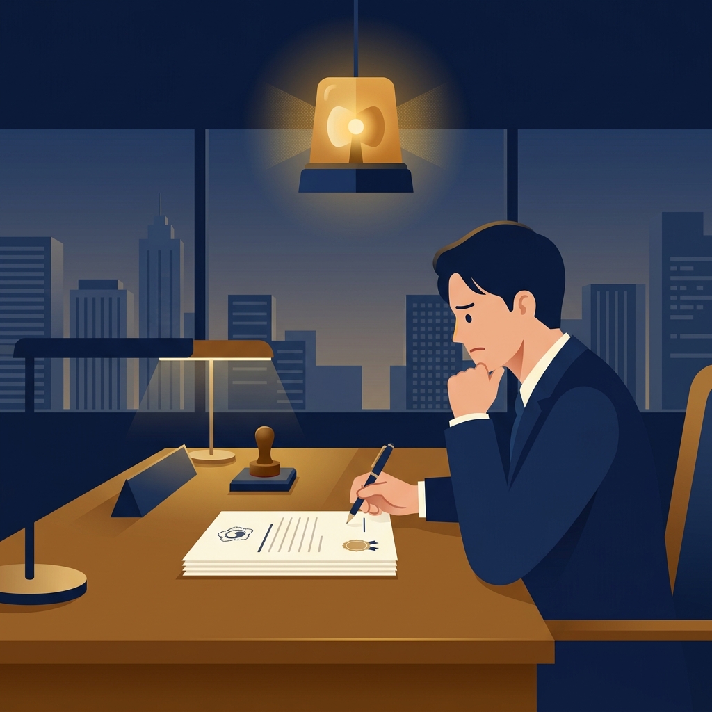 개인회생 중 보증 채무 리스크를 상징하는 경고등과 계약 서류 일러스트