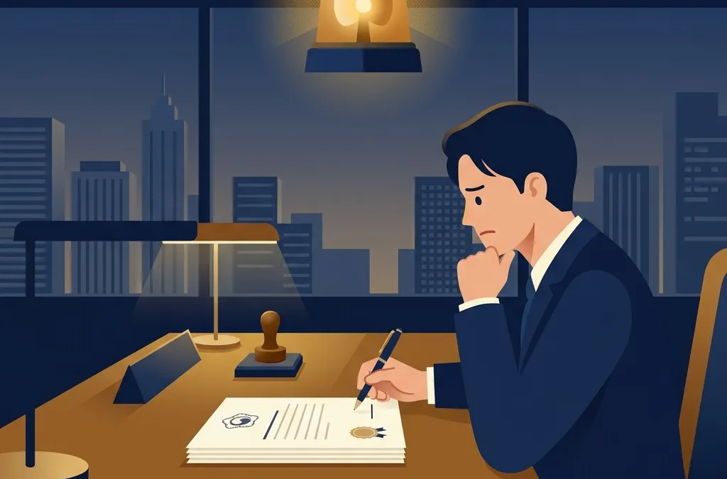 개인회생 중 보증 채무 리스크를 상징하는 경고등과 계약 서류 일러스트