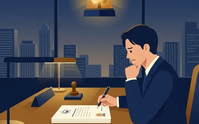 개인회생 중 보증 채무 리스크를 상징하는 경고등과 계약 서류 일러스트